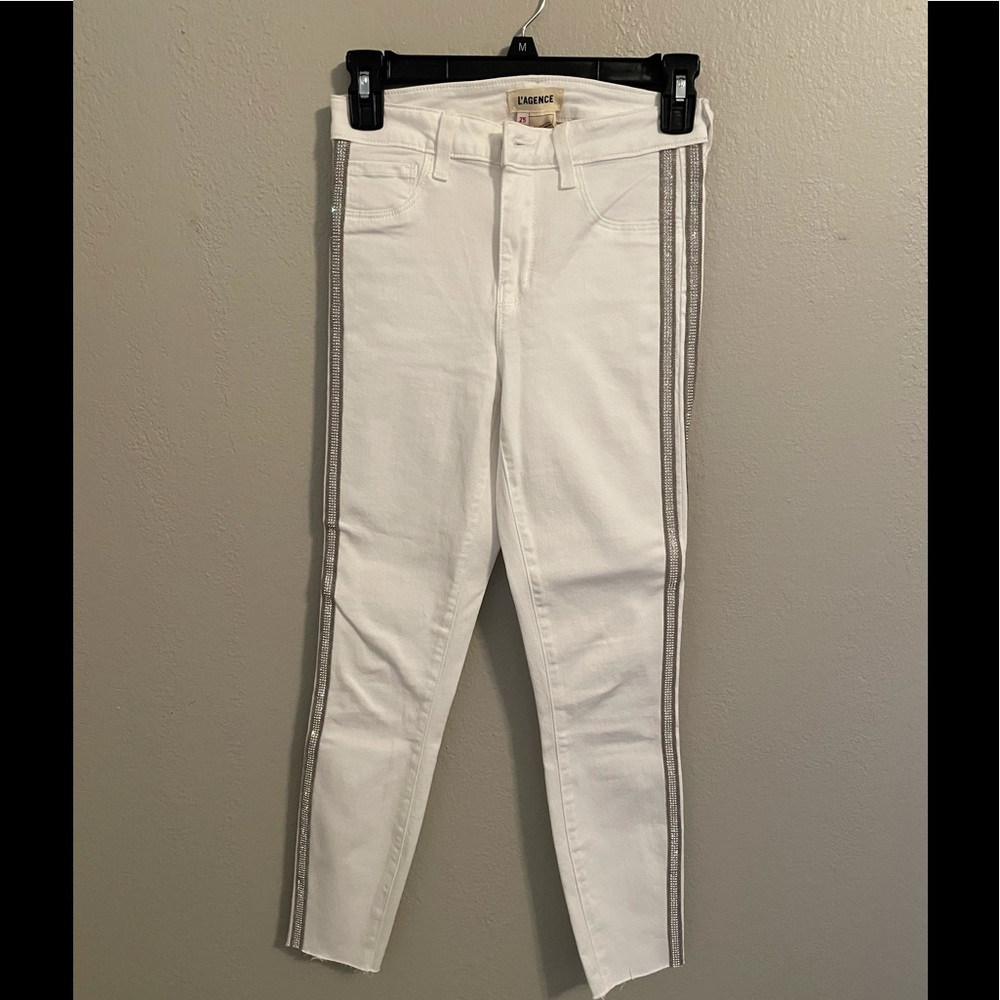 L’Agence size 25 white denim jeans with side rhinestone trim